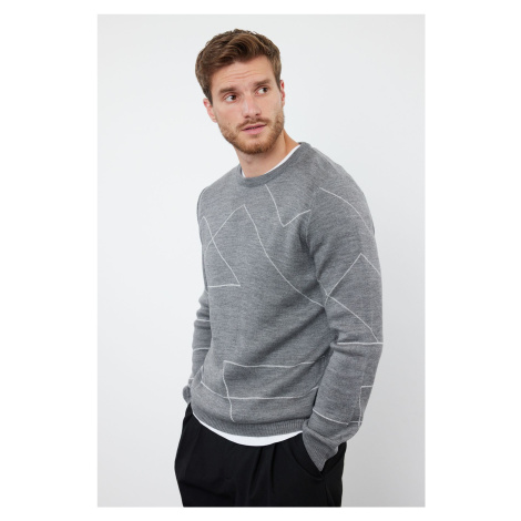 Trendyol Gray Slim Fit Crew Neck Geometric Knitwear Sweater