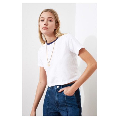 Trendyol White 100% Cotton Crop Colored Crew Neck Knitted T-Shirt