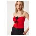 Happiness İstanbul Women's Red Rose Detailed Strapless Blouse