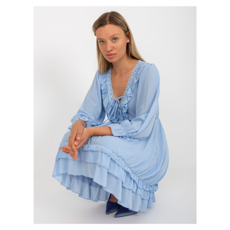 Light blue boho mini dress with ruffle OCH BELLA