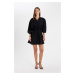 DEFACTO Shirt Collar Pleated Waist Lace Up Basic Plain Modal Batwing Sleeve Mini Black Dress