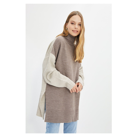 Trendyol Brown Color Block Turtleneck Long Knitwear Sweater