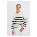 DEFACTO Women's Oversize Fit Wide Pattern Striped Half Zipper Stand Collar Knitwear Sweater