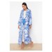 Trendyol Blue Tropical Patterned Long Woven Kimono & Kaftan