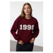 Trendyol Claret Red Thick Inside Fleece Regular/Normal Cut Slogan Embroidered Knitted Sweatshirt