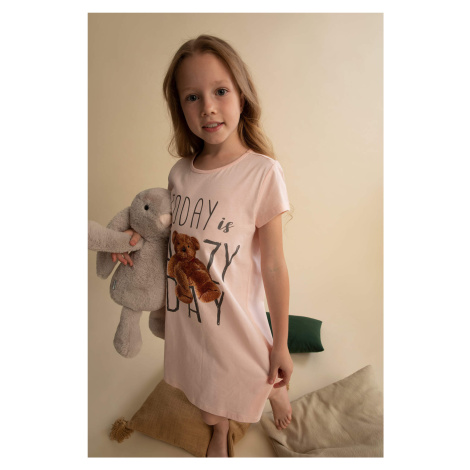 DEFACTO Girl Regular Fit Teddy Bear Printed Short Sleeve Cotton Nightgown