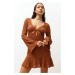 Trendyol Brown Fitted Mini Knitted Ruffle Beach Dress