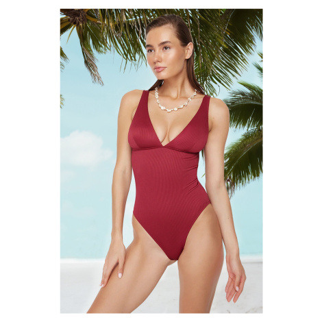 Trendyol Claret Red V-Neck Textured Regular Swimsuit