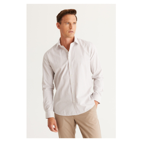 ALTINYILDIZ CLASSICS Men's White-Brown Slim Fit Slim Fit Buttoned Collar Cotton Striped Shirt