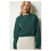 Happiness İstanbul Women's Emerald Green Rose Crop Sweatshirt