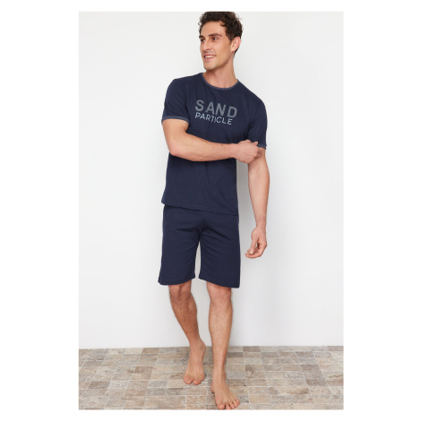 Trendyol Navy Blue Crew Neck Regular Fit Pajama Set with Knitted Shorts