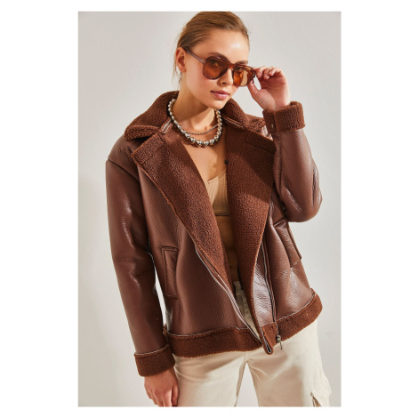 Bianco Lucci Women's Leather Plush Coat