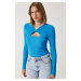 Happiness İstanbul Women's Vivid Blue Cut Out Detailed Ribbed Knitted Blouse