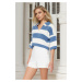 Trendyol Indigo Crop Polo Neck Basic Striped Knitwear Sweater