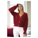 23325 Dewberry 3 Button V-Neck Women Cardigan-BORDEAUX