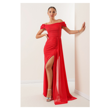 By Saygı Long Sleeves Lined Glittery Long Dress Red
