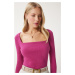 Happiness İstanbul Women's Light Plum Square Neck Corded Knitted Blouse