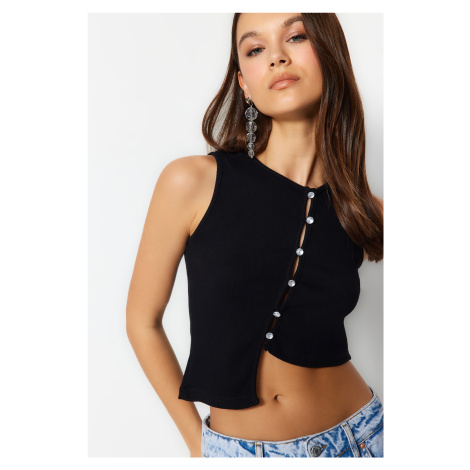 Trendyol Black Stone Detailed Asymmetrical Fitted Corded Crop Knitted Blouse