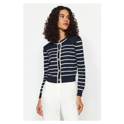 Trendyol Navy Blue Striped Buttoned Jacket-Look Knitwear Cardigan