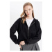 DEFACTO Coool Standard Fit Hooded Basic Plain Kangaroo Pocket Zippered Black Sweatshirt