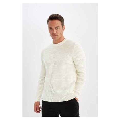 DEFACTO Ecru Standard Fit Regular Cut Crew Neck Waffle Textured Knitwear Sweater