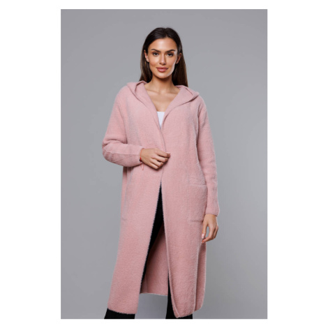 Dlhý vlnený prehoz cez oblečenie typu alpaka v bledo ružovej farbe s kapucňou (M105-1) Made in Italy