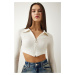 Happiness İstanbul Women's Ecru Zipper Polo Neck Crop Knitted Blouse