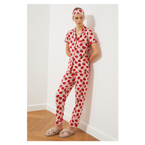 Trendyol Pink Strawberry Patterned Piping Detailed Sleep Band Knitted Pajama Set