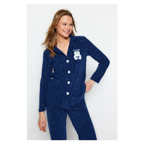 Trendyol Navy Blue Polka Dot Animal Printed Polar Fleece Winter Knitted Pajama Set