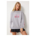 Happiness İstanbul Women's Gray Heart Embroidered Raised Sweatshirt