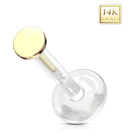 Piercing zo žltého zlata 585 do ucha, chrupavky, pery - priehľadný Bioflex, hladký krúžok, 3 mm