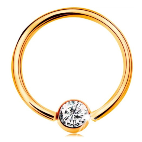 Zlatý 14K piercing - lesklý krúžok a gulička so vsadeným zirkónom čírej farby, 14 mm