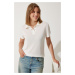 Happiness İstanbul Women&#39;s Ecru Polo Neck Lightly Transparent Summer Knitwear Blouse