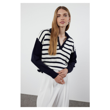 Trendyol Navy Blue Polo Neck Striped Knitwear Sweater