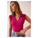 Happiness İstanbul Women's Dark Pink Deep V Neck Crop Sandy Knitted Blouse