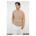 Trendyol Camel Oversize/Wide Cut Stitch Detail Textured Crew Neck T-Shirt