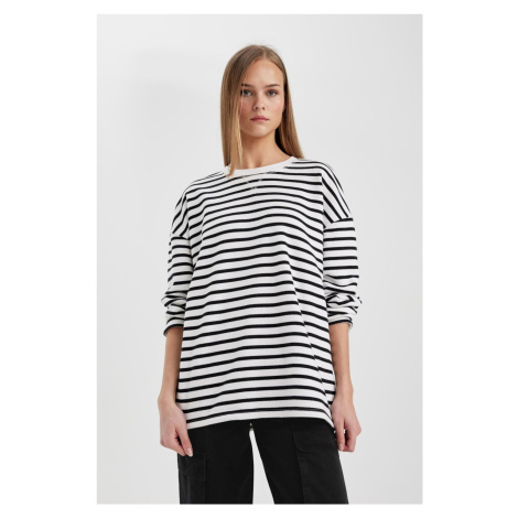 DEFACTO Oversize Fit Crew Neck Striped Thick Fabric Basic Long Sleeve T-Shirt