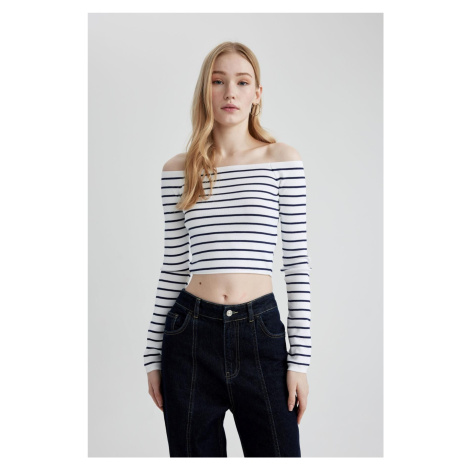 DEFACTO Slim Fit Crop Striped Open Shoulder Knitwear Sweater