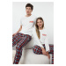 Trendyol Women's Couple White 100% Cotton Plaid Slogan Knitted Pajama Set