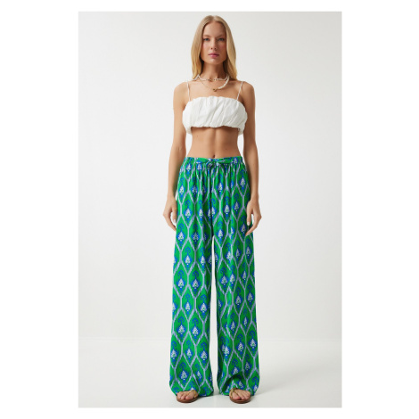 Happiness İstanbul Women's Green Blue Patterned Loose Viscose Palazzo Trousers