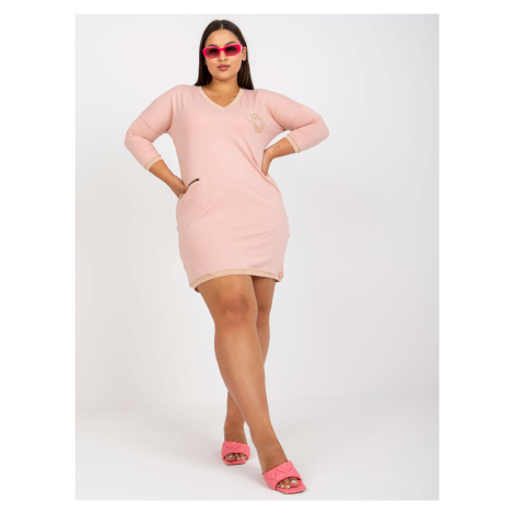 Powder pink plus size cotton tunic with V-neck