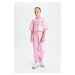 DEFACTO Girls 2-Piece Set Crew Neck Printed Short Sleeve T-Shirt Elastic Waist Jogger Sweatpants