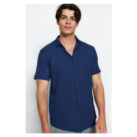 Trendyol Navy Blue Regular Fit Short Sleeve Summer Textured Crepe Knit Shirt