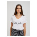 Women's T-shirt with V-neck and MOODO inscription - white