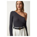 Happiness İstanbul Women's Anthracite Open Shoulder Corded Knitted Blouse