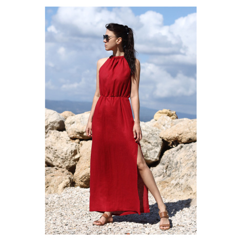 Maxi šaty s rázporkom zo 100% l'anu