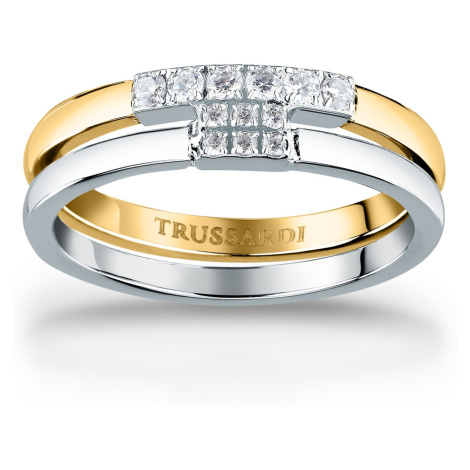 Trussardi Krásny bicolor prsteň z ocele so zirkónmi T-Logo TJAXC41 54 mm