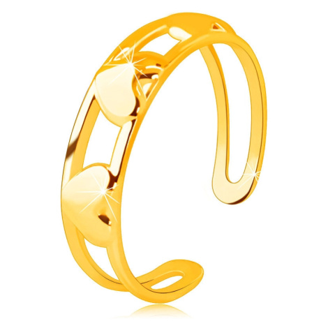 Prsteň z 9K zlata - tri súmerné zrkadlovolesklé srdcia medzi dvoma líniami - Veľkosť: 54 mm