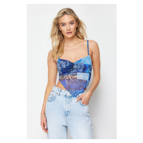 Trendyol Premium Blue Printed Strappy Asymmetrical Hem Tulle Knit Blouse