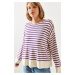 Bianco Lucci Women's Striped Shoulder Buttoned Sweater